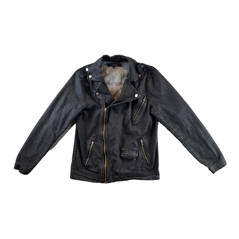 Elwood Denim Jacket Mens Small Black Dark Wash Moto Asymmetrical Heavy‎ Full Zip